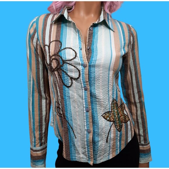 Vintage 90s Y2K Fitted Striped Button Up Shirt Size M Embroidered Blue Brown - Picture 1 of 7